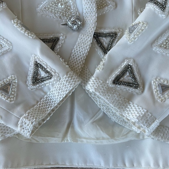 VTG Beaded Evening Jacket Heavily Embellished Winter White Pearl Triangle Sz 10 - Picture 7 of 16